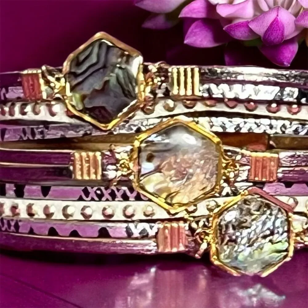 Boho Multi-Layer Leather Bracelet with Natural Stones & Gold Accents - Picture 5 of 13